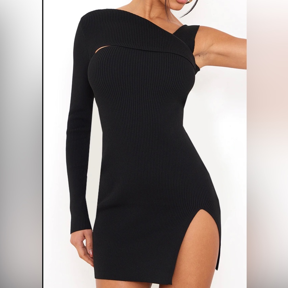 Pretty Little Thing Black One Shoulder Rib Knit Mini Dress